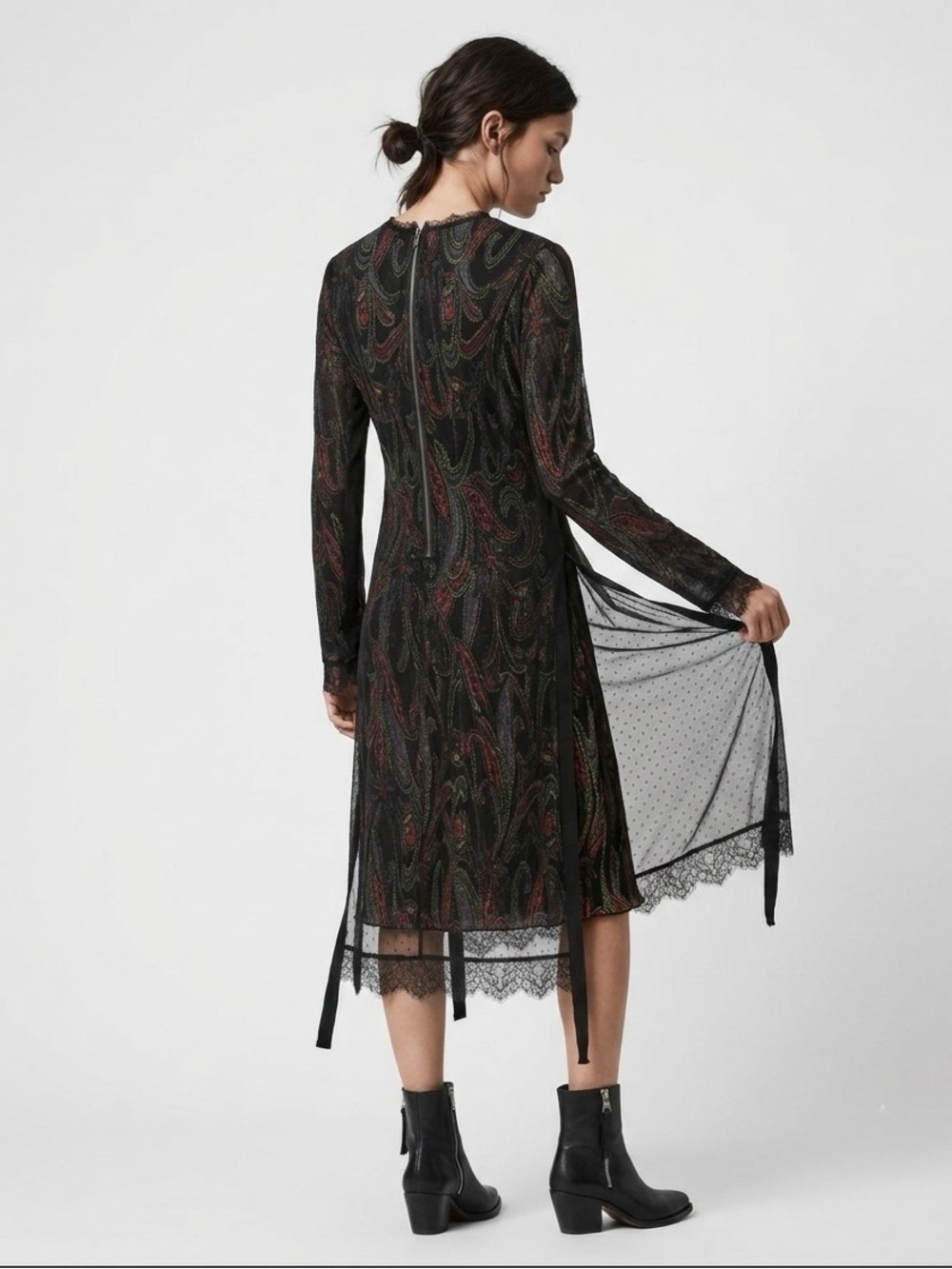 🔥 AllSaints Kiara Ossia Sheer Mesh Paisley Midi Dress Gothic Grunge Size 00 🖤
